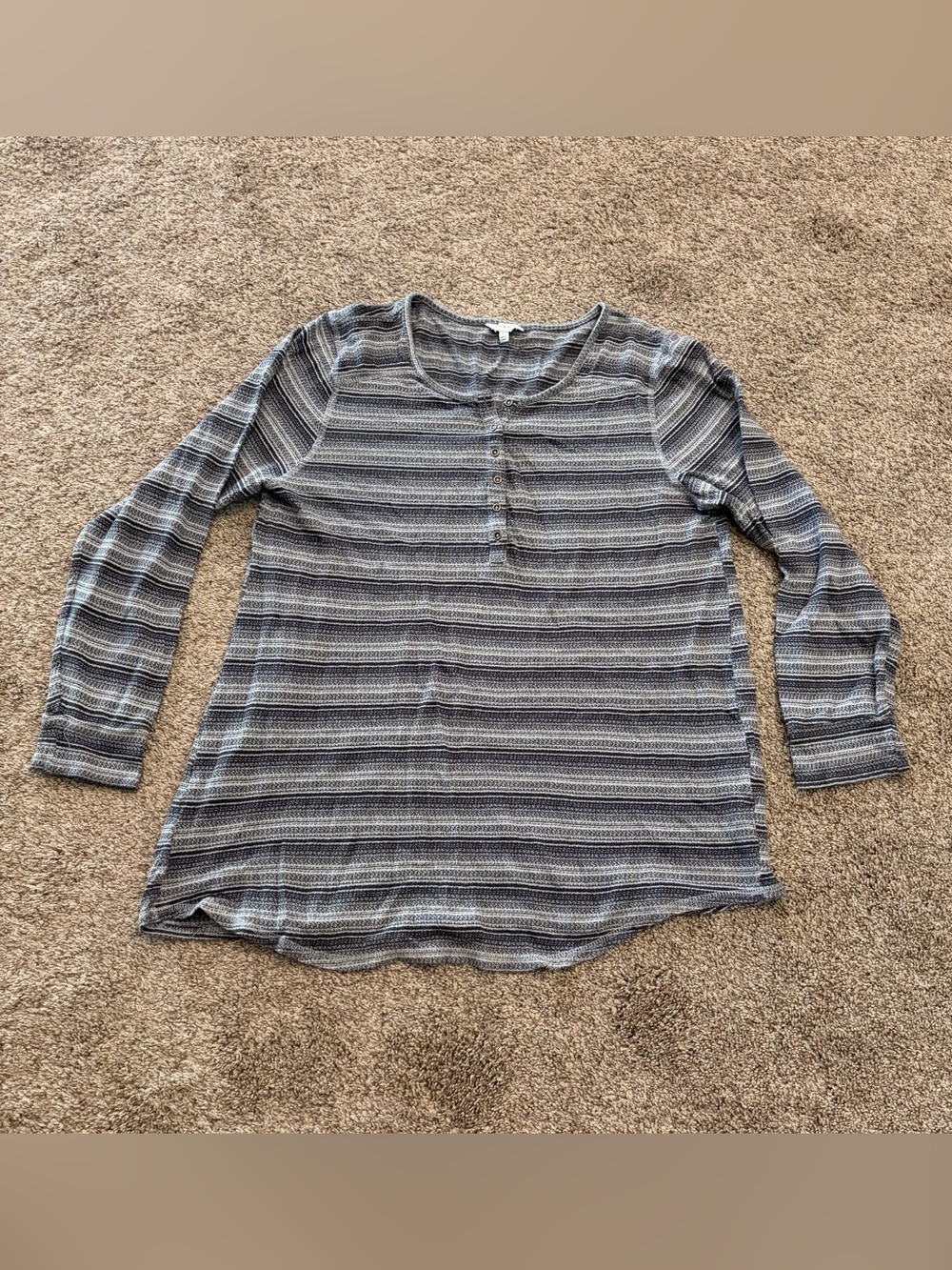 Lucky Brand Women’s Black, Gray and White Striped Long-Sleeve Henley Size 1X
